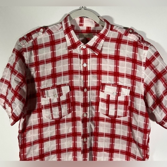 Ted Baker lightweight buffalo check red white plaid summer sz 5(XL) pockets SS - Picture 2 of 6